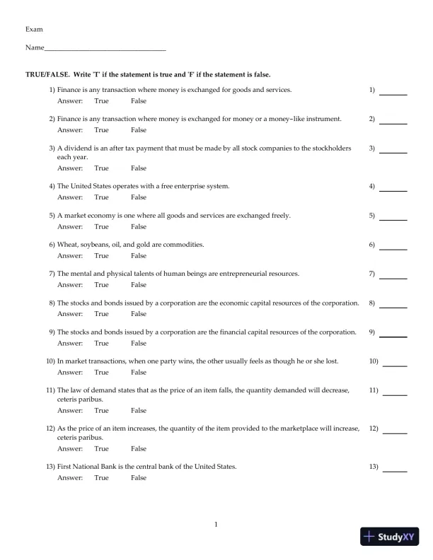 Entrepreneurial Finance, 6th Edition Test Bank - Page 1 preview image
