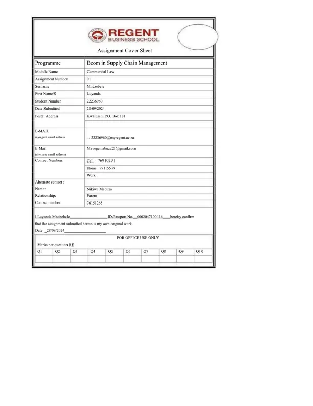 Commercial Law Assignment 1-1 - Page 1 preview image