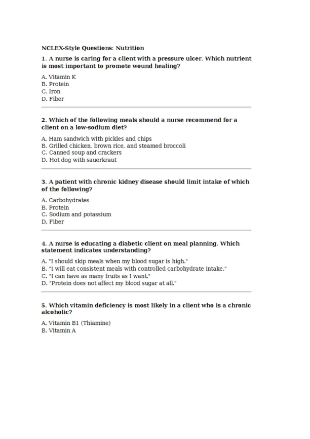 NCLEX Style Questions Nutrition - Page 1 preview image