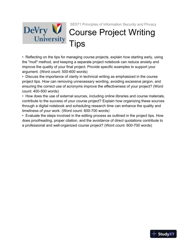 SE571 Principles of Information Security and Privacy Course Project Writing Tips Devry University - Page 1 preview image