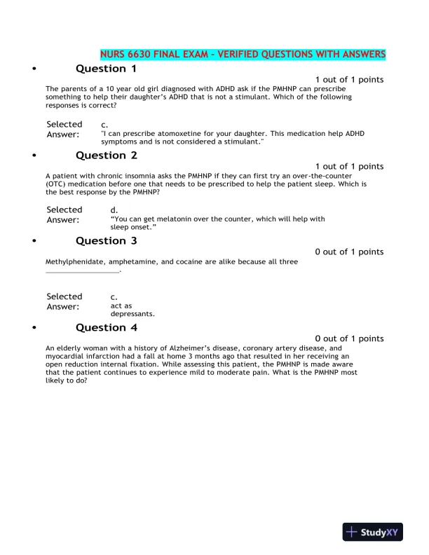 2021 NURS6630 Psychopathology Final Exam With Answers (76 Solved Questions) - Page 1 preview image