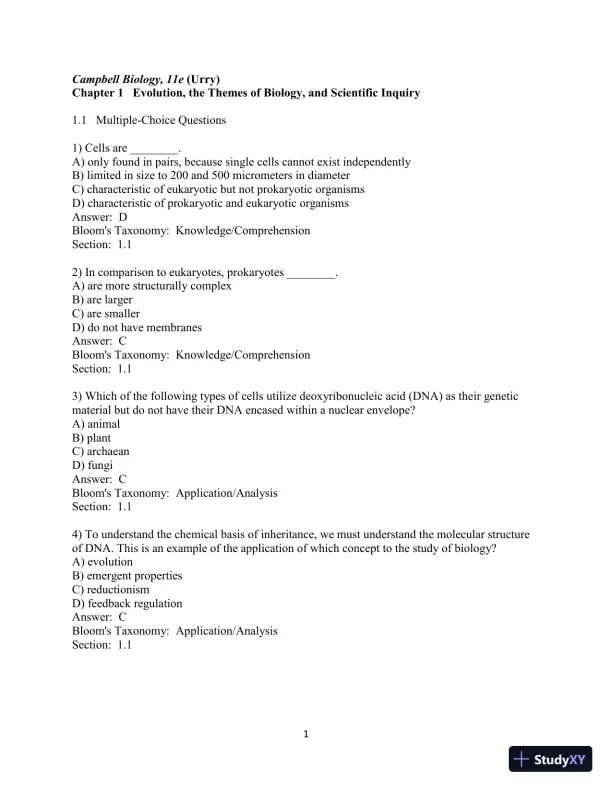 Test Bank For Campbell Biology, 11th Edition - Page 1 preview image