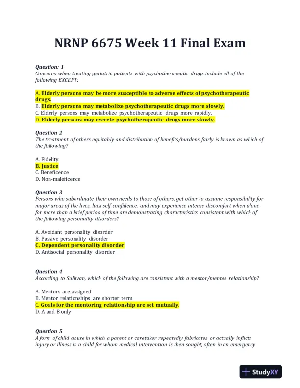 NRNP6675 Week 11 Final Exam With Answers (100 Solved Questions) - Page 1 preview image