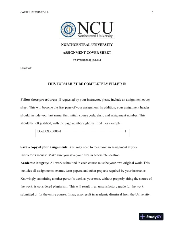CARTERJBTM8107-8 4 Assignment Cover Sheet Northcentral University - Page 1 preview image