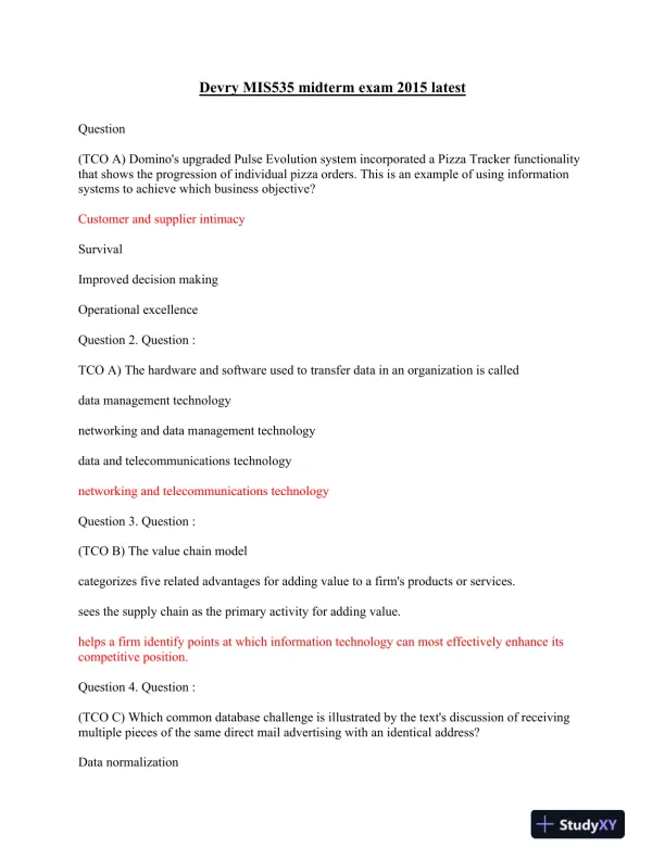 Devry MIS535 Midterm Exam 2015 Latest - Page 1 preview image