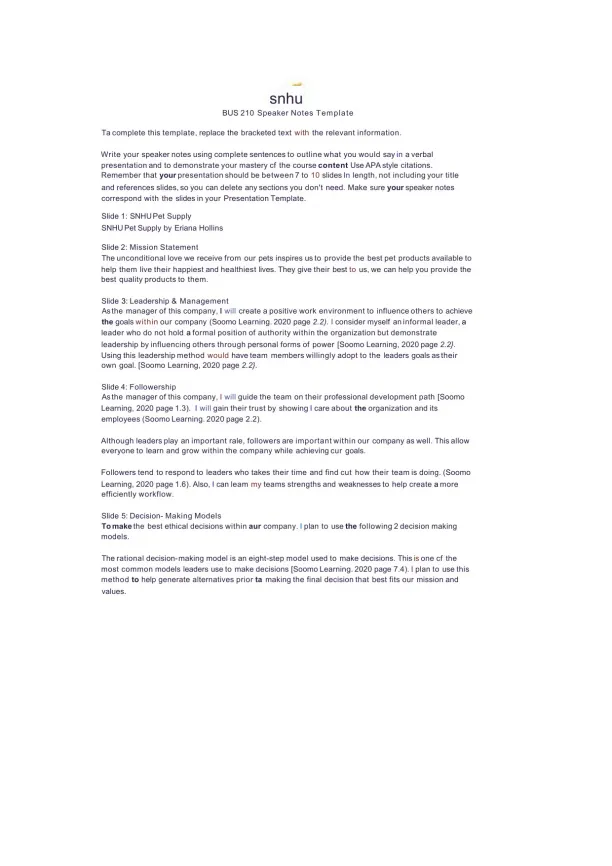 Effective Speaker Notes Template for BUS 210 Prese - Page 1 preview image