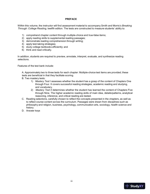Test Bank for Breaking Through: College Reading , 12th Edition - Page 3 preview image