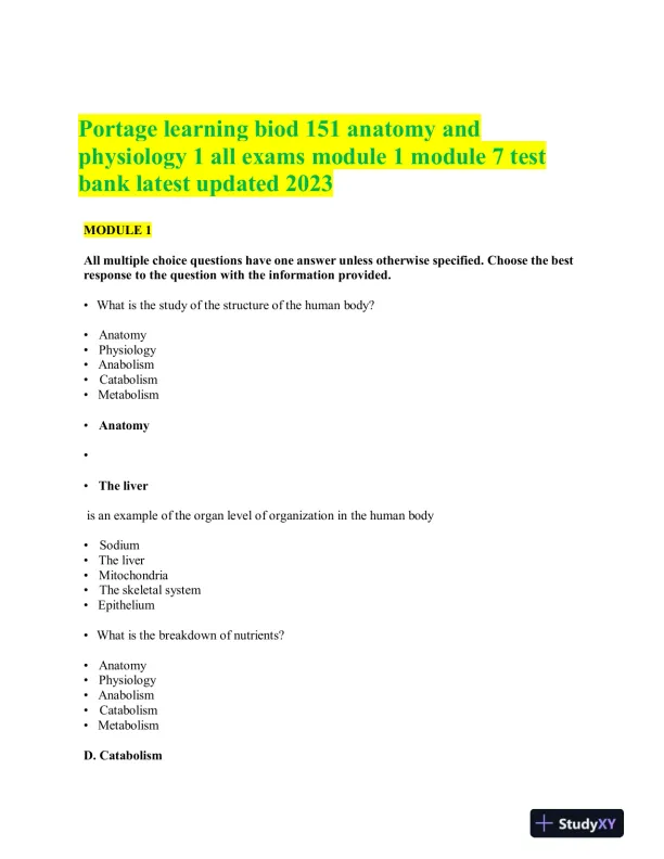 2023 BIOD151 Anatomy and Physiology Test Bank Module 1 With Answers (35 Solved Questions) - Page 1 preview image