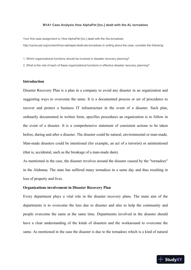 M1A1 Case Analysis How AlphaPet [Inc.] dealt with the AL tornadoes - Page 1 preview image