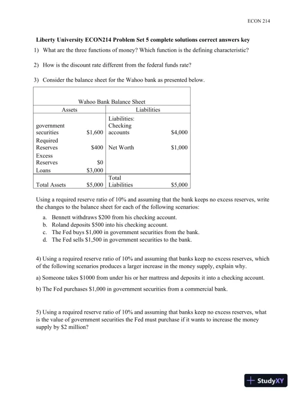 Liberty University ECON214 Problem Set 5 Complete Solutions Correct Answers Key - Page 1 preview image