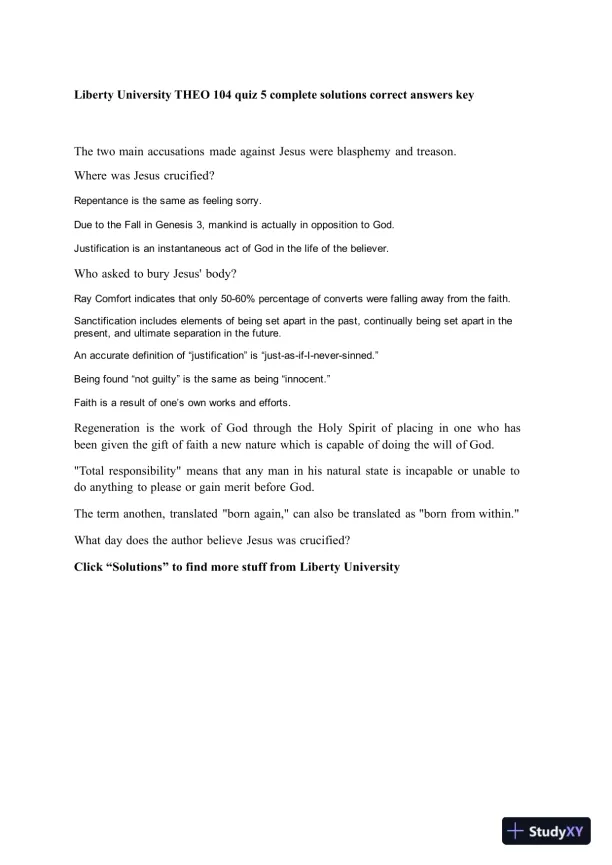 Liberty University THEO 104 Quiz 5 Complete Solutions Correct Answers Key - Page 1 preview image