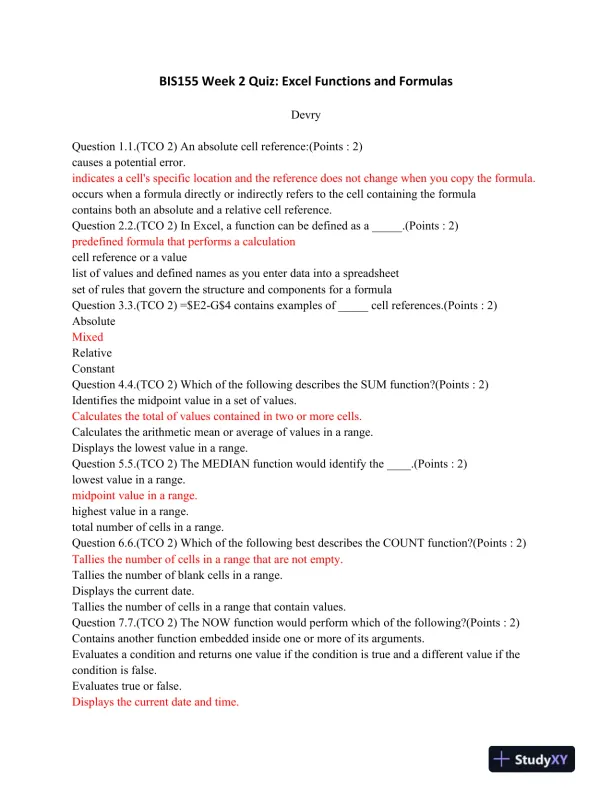 BIS155 Week 2 Quiz: Excel Functions and Formulas - Page 1 preview image