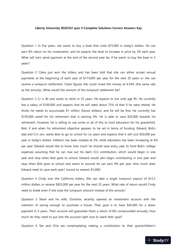 Liberty University BUSI352 Quiz 4 Complete Solutions Correct Answers Key - Page 1 preview image