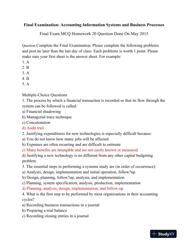 Final Examination: Accounting Information Systems and Business Processes - Page 1 preview image