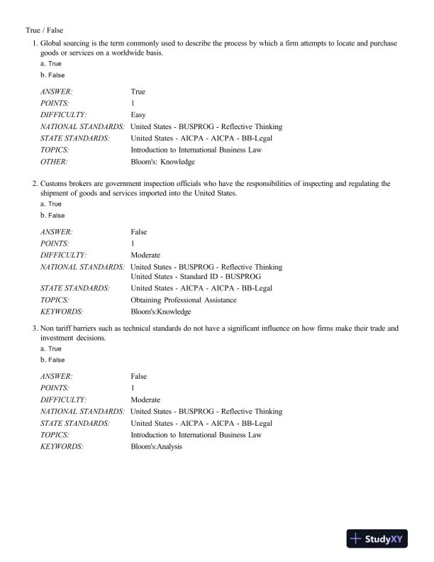 Test Bank For International Business Law And Its Environment, 9th Edition - Page 1 preview image