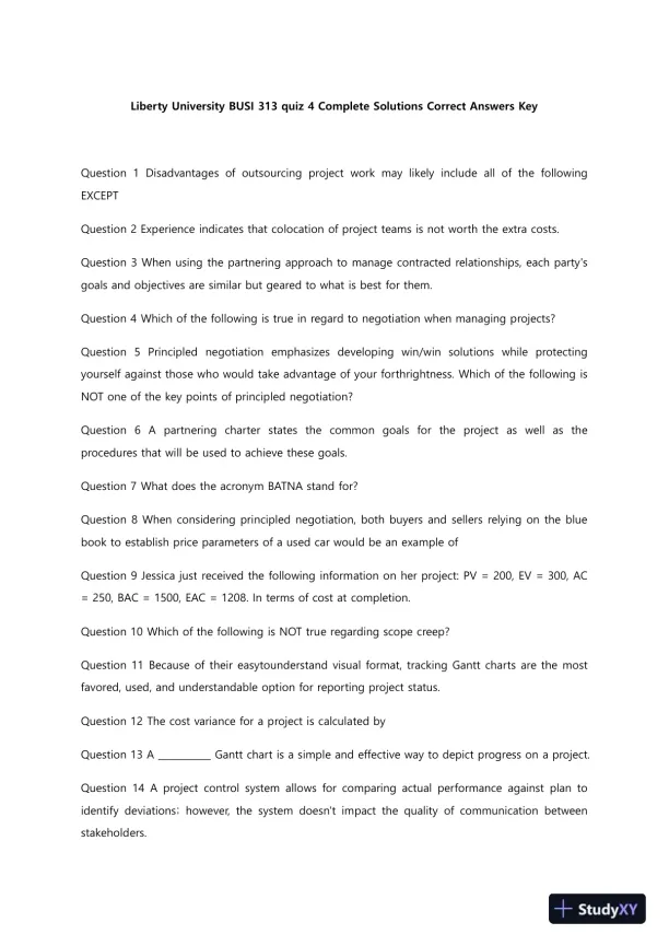 Liberty University BUSI 313 Quiz 4 Complete Solutions Correct Answers Key - Page 1 preview image
