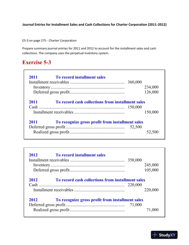 Journal Entries for Installment Sales and Cash Collections for Charter Corporation (2011-2012) - Page 1 preview image