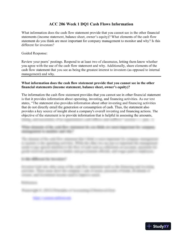 ACC 206 Week 1 DQ1 Cash Flows Information - Page 1 preview image