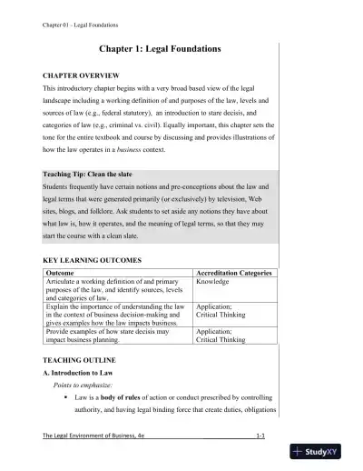 Solution Manual for The Legal Environment of Business, A Managerial Approach: Theory to Practice, 4th Edition - Page 1 preview image