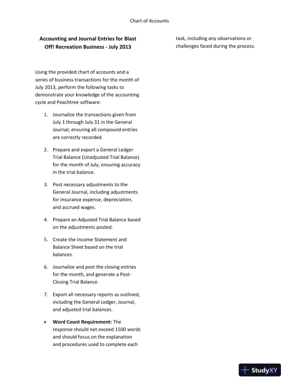 Accounting and Journal Entries for Blast Off! Recreation Business - July 2013 - Page 1 preview image