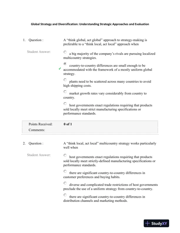 Global Strategy and Diversification: Understanding Strategic Approaches and Evaluation - Page 1 preview image