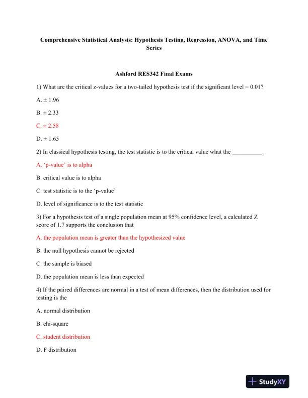 Ashford RES342 Comprehensive Statistical Analysis: Hypothesis Testing, Regression, ANOVA, and Time Series - Page 1 preview image