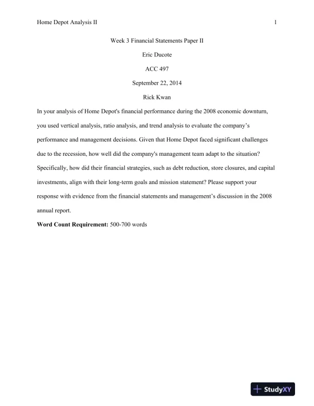 ACC 497 Home Depot Analysis II Week 3 Financial Statements Paper II - Page 1 preview image