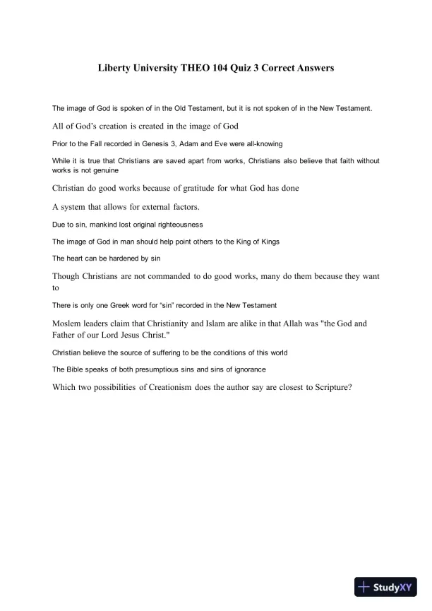 Liberty University THEO 104 Quiz 3 Correct Answers - Page 1 preview image