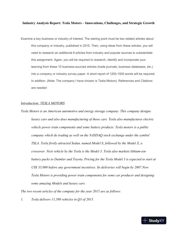 Industry Analysis Report: Tesla Motors � Innovations, Challenges, and Strategic Growth - Page 1 preview image