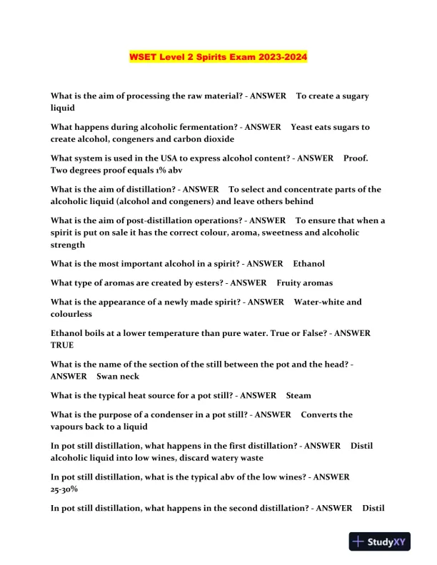 2023-2024 WSET Others Level 2 Spirits Exam With Answers (152 Solved Questions) - Page 1 preview image