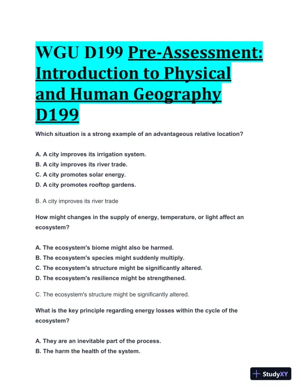 WGU D199 Pre-Assessment: Introduction to Physical and Human Geography with Answers (55 Solved Questions) - Page 1 preview image