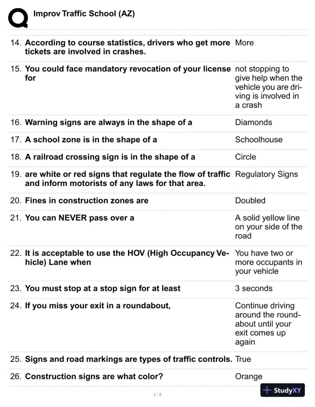 Improv Traffic School (AZ) Practice Exam with Answers (85 Solved Questions) - Page 3 preview image