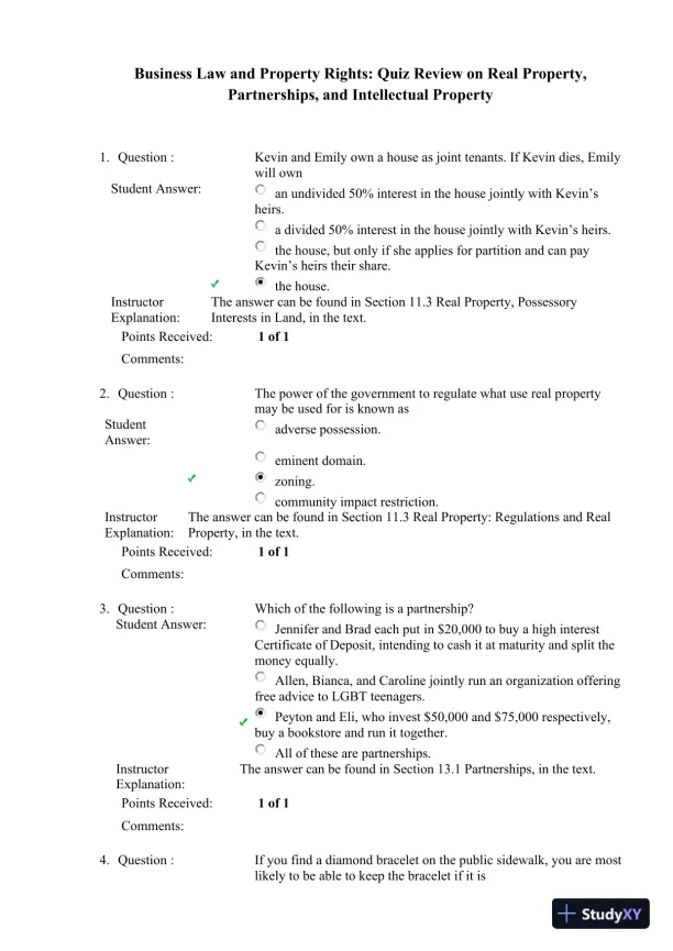 Business Law and Property Rights: Quiz Review on Real Property, Partnerships, and Intellectual Property - Page 1 preview image