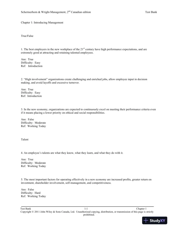 Management, Second Canadian Edition Test Bank - Page 1 preview image