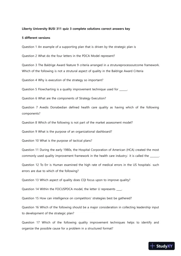 Liberty University BUSI 311 Quiz 3 Complete Solutions Correct Answers Key - Page 1 preview image
