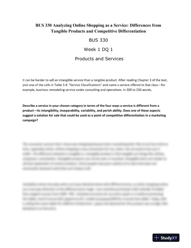 BUS 330 Analyzing Online Shopping as a Service: Differences from Tangible Products and Competitive Differentiation - Page 1 preview image