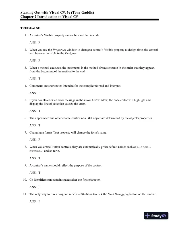 Test Bank for Starting Out With Visual C#, 5th Edition - Page 9 preview image