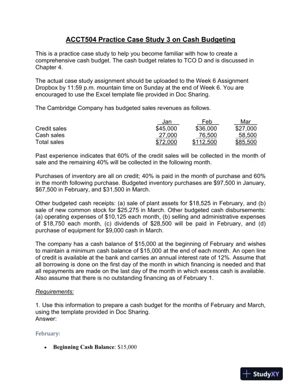 ACCT504 Practice Case Study 3 on Cash Budgeting - Page 1 preview image