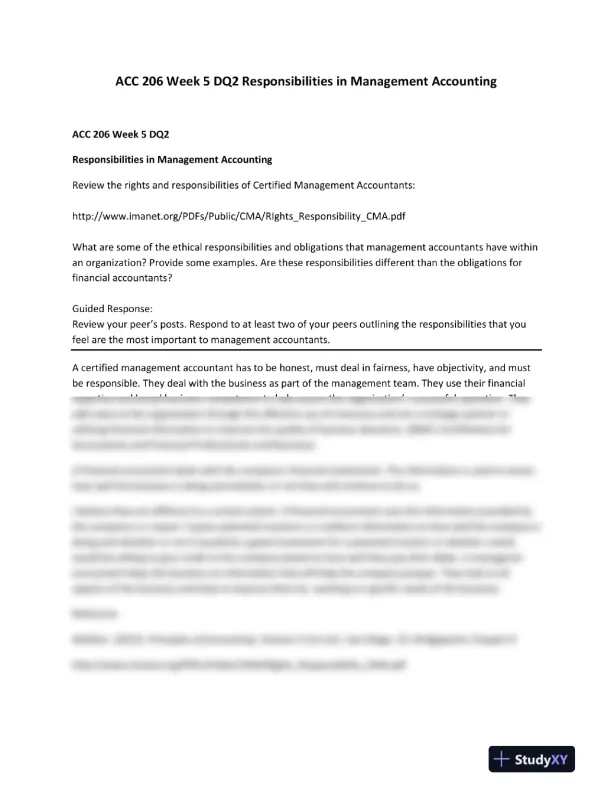 ACC 206 Week 5 DQ2 Responsibilities in Management Accounting - Page 1 preview image