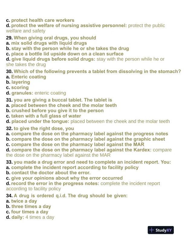 Pharmacology Aide Test With Answers (315 Solved Questions) - Page 7 preview image