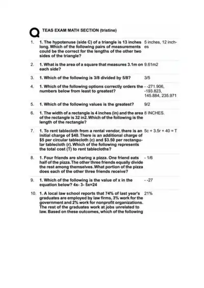 TEAS Exam Math Section - Page 1 preview image