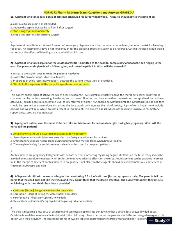NGR6172 Pharmacology Midterm Exam with Answers (80 Solved Questions) - Page 1 preview image
