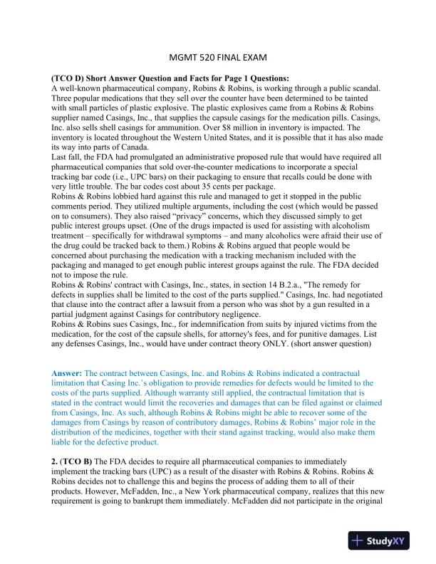 MGMT 520 Final Exam - Page 1 preview image