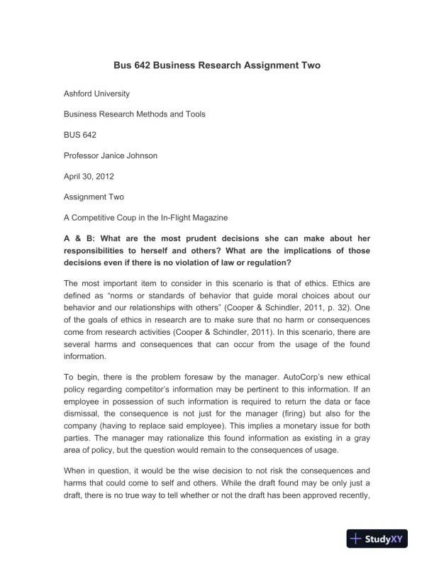 Bus 642 Business Research Assignment Two - Page 1 preview image