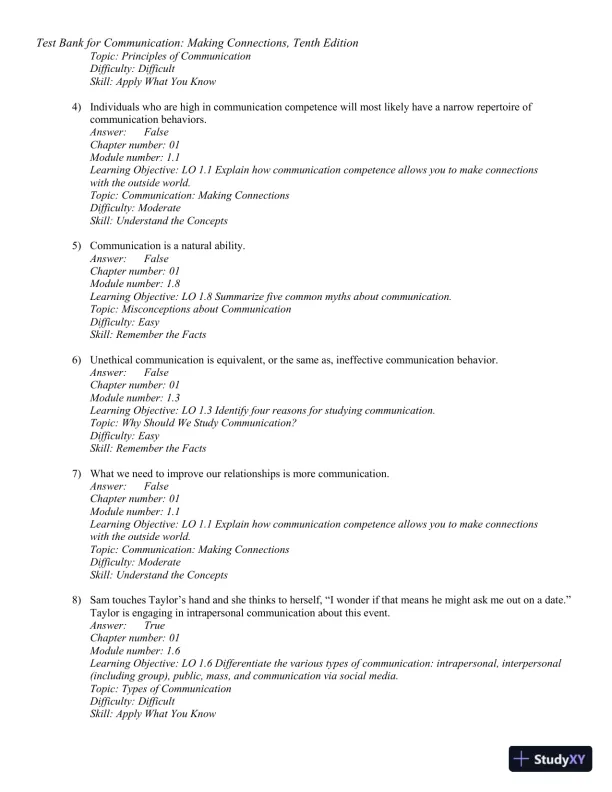 Test Bank for Communication: Making Connections, 10th Edition - Page 11 preview image