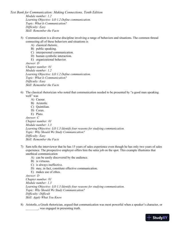 Test Bank for Communication: Making Connections, 10th Edition - Page 3 preview image