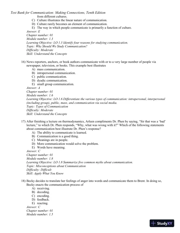 Test Bank for Communication: Making Connections, 10th Edition - Page 6 preview image