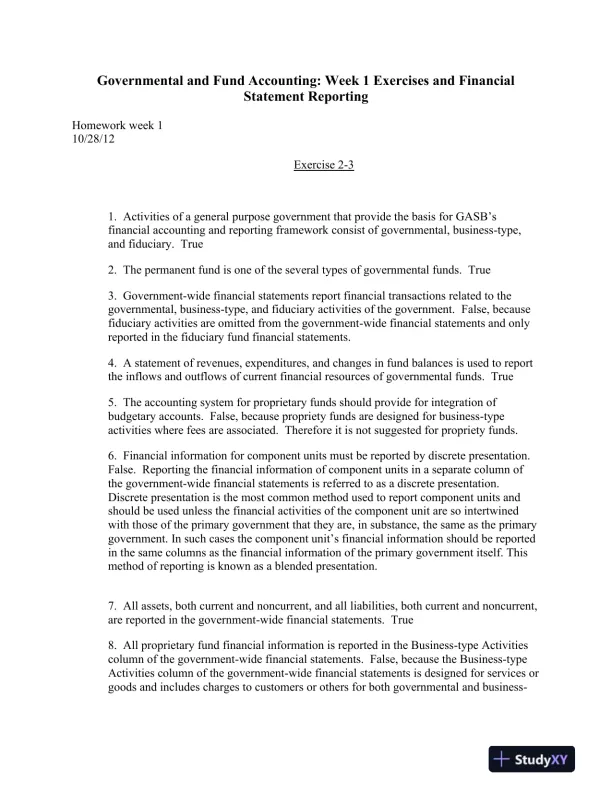 Governmental and Fund Accounting: Week 1 Exercises and Financial Statement Reporting - Page 1 preview image