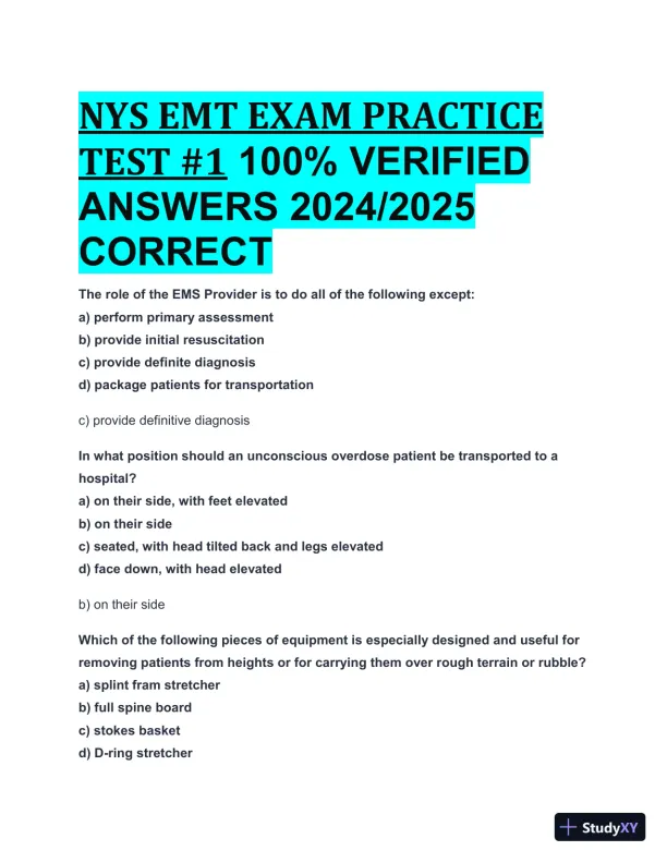 2024-2025 NYS EMT Practice Exam with Answers (98 Solved Questions) - Page 1 preview image