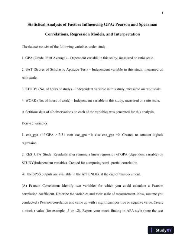 Statistical Analysis of Factors Influencing GPA: Pearson and Spearman Correlations, Regression Models, and Interpretation - Page 1 preview image
